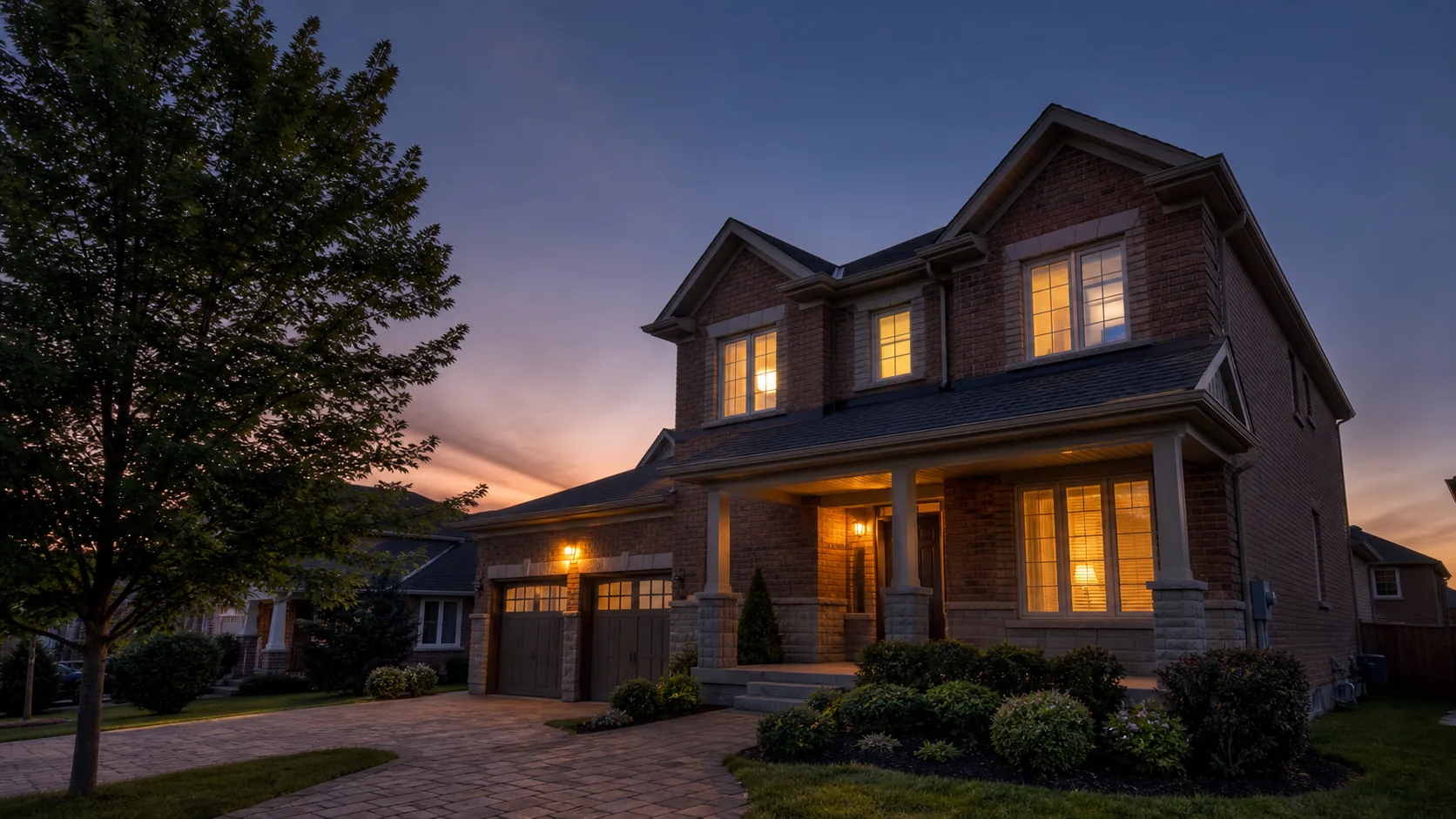 Two-storey brick and stone detached home in Vaughan at dusk with warm interior lighting in several windows