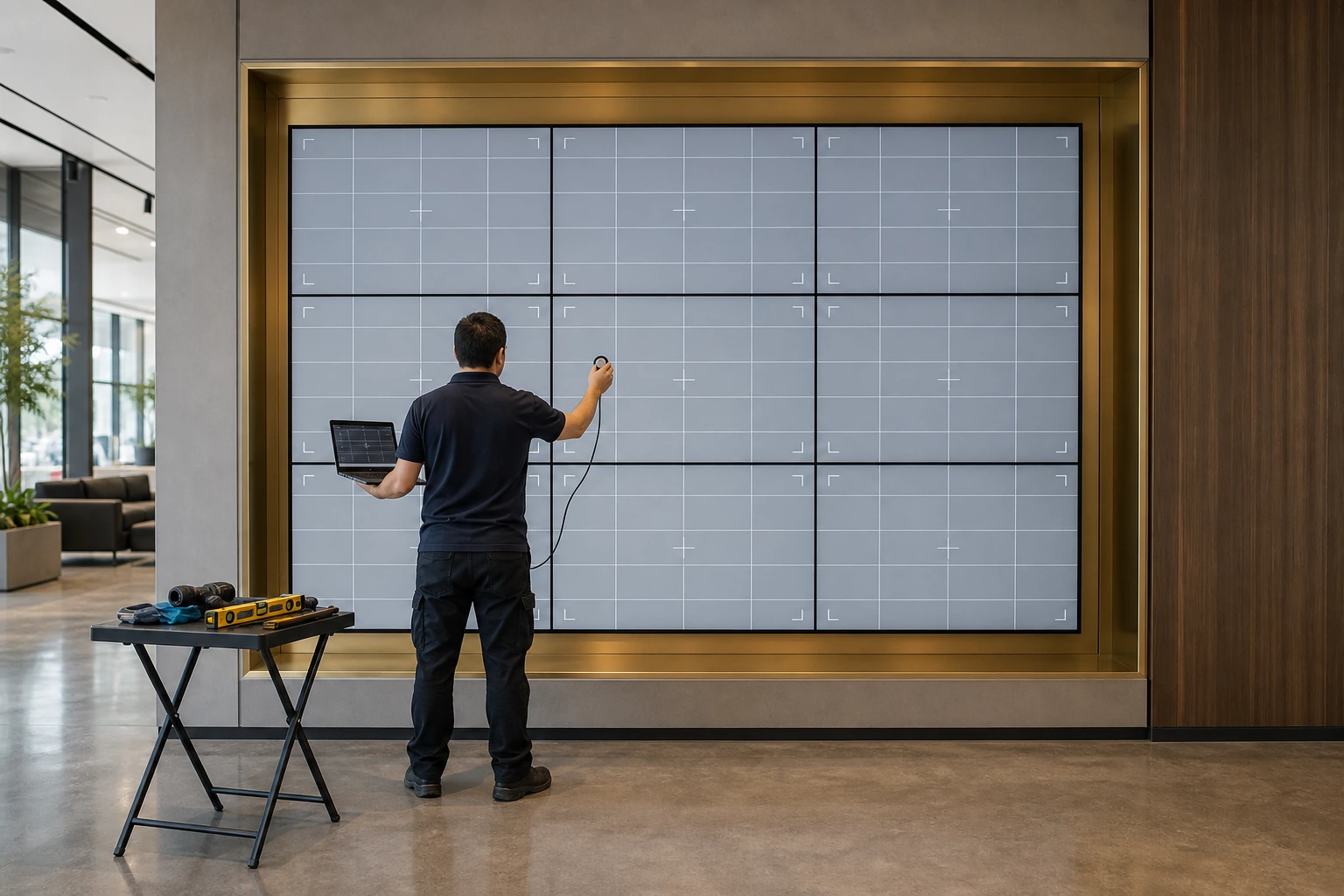 A 3x3 bezel-to-bezel LCD video wall in a North York commercial venue with installer calibrating uniformity from a laptop, brushed metal mounting structure and tidy cable management behind