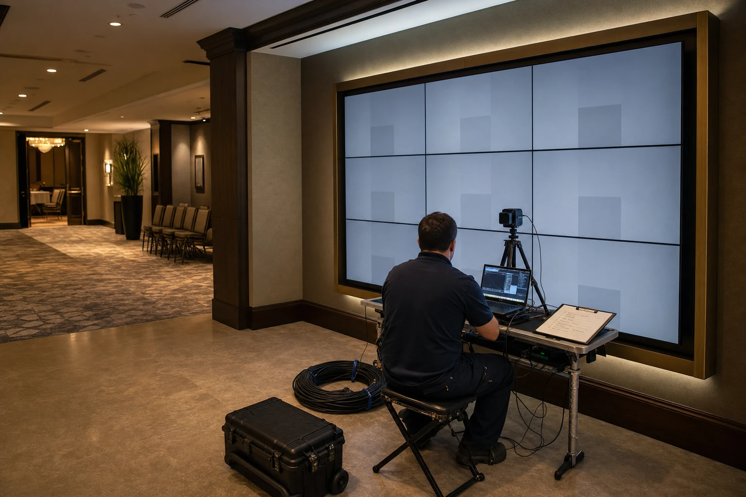 A 3x3 bezel-to-bezel LCD video wall in a Pearson airport hotel pre-function corridor with an installer commissioning colour and brightness uniformity from a laptop, neutral lobby finishes and brushed-bronze accents around the wall
