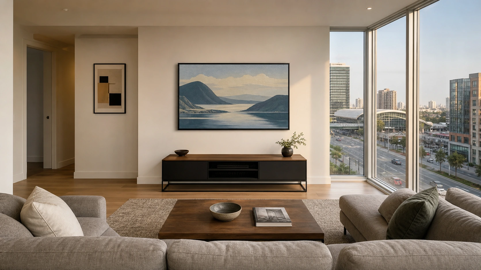Contemporary Vaughan Metropolitan Centre or 7CentraL high-rise condo great room interior with floor-to-ceiling corner glazing, a Highway 7 / Jane streetscape and the TTC Line 1 subway terminus suggested in the urban context, and a 55-inch Samsung Frame TV flush-mounted on the feature wall with a Modern matte-black bezel, Art Mode displaying a soft Group-of-Seven-influenced Lake Superior abstraction