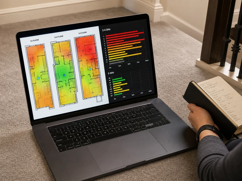 Laptop screen split between a Wi-Fi heatmap survey on a Cornell townhouse-style floorplan and a neighbourhood channel-occupancy chart showing dozens of overlapping nearby networks