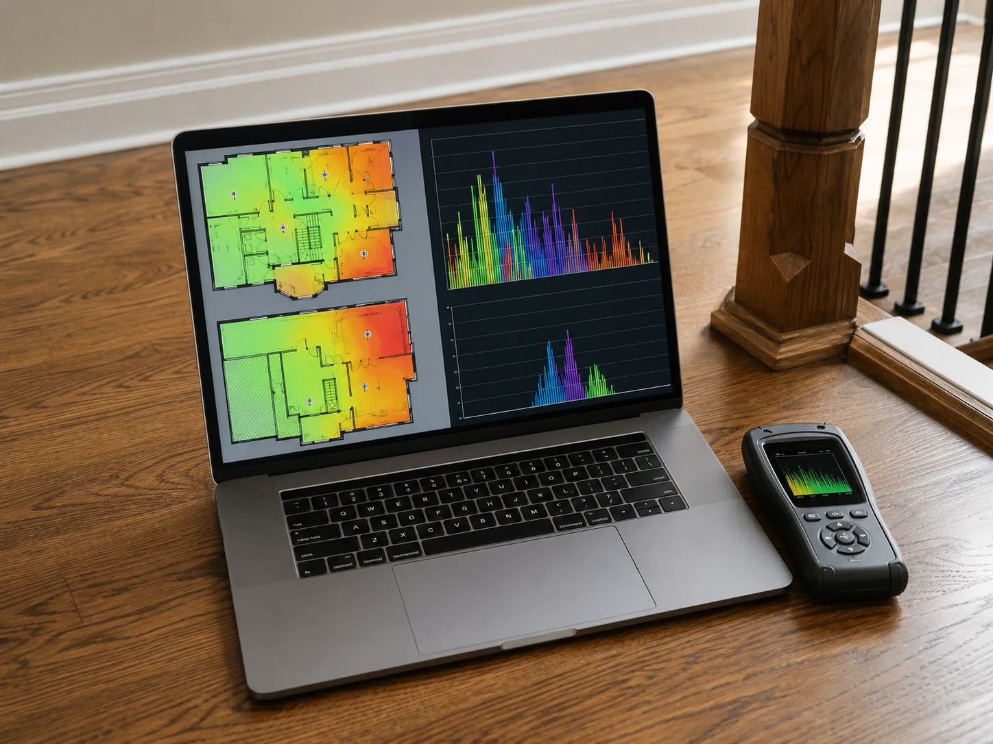Laptop on a staircase landing showing a Wi-Fi coverage heatmap of a two-storey Vaughan home beside a channel-congestion scan, with a handheld signal meter alongside