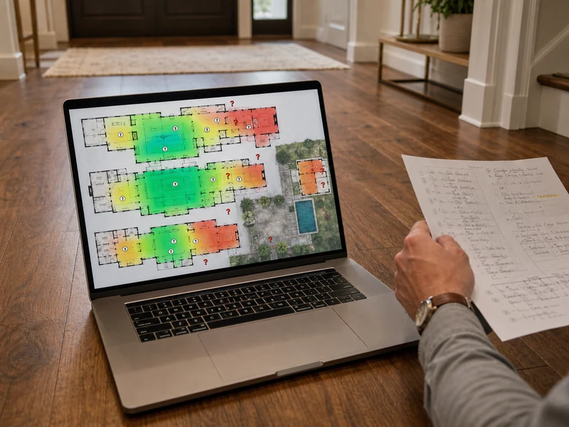 Laptop screen showing a Wi-Fi heatmap on a large multi-wing lakeshore-estate floorplan with marked dead zones at the east wing primary suite, the pool house, and the rear terrace, technician's hand annotating coverage notes