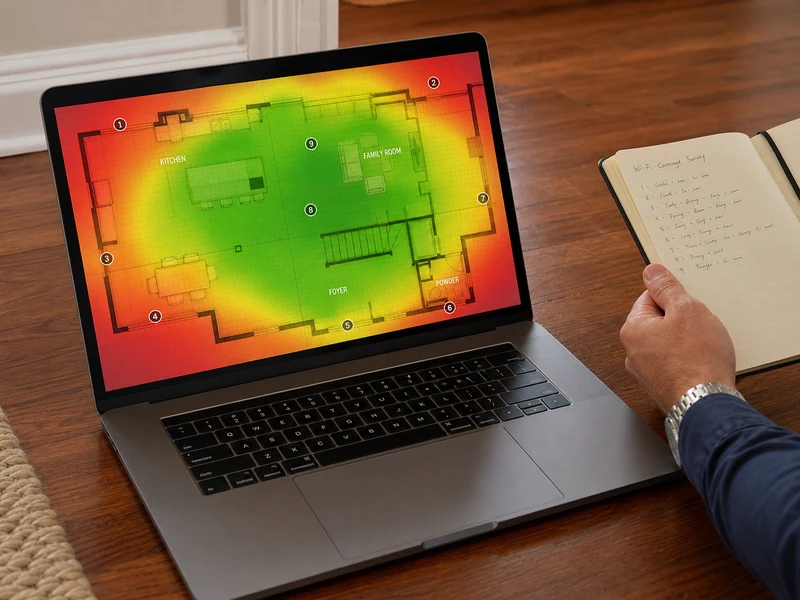Laptop on a finished hardwood floor showing a colour Wi-Fi heatmap survey overlaid on a residential floorplan, technician's hand visible holding a measurement notebook