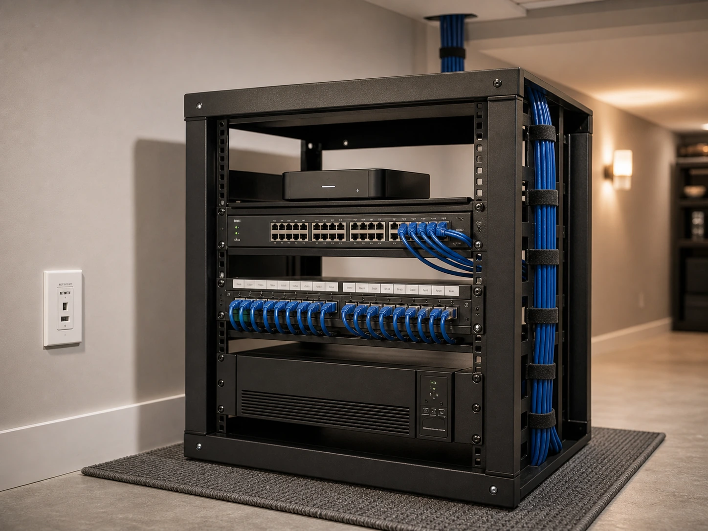 Clean residential network rack with Ubiquiti UniFi Cloud Gateway, 24-port PoE switch, labelled patch panel, and bundled Cat6 cable runs heading up to ceiling access points in a North York custom infill home