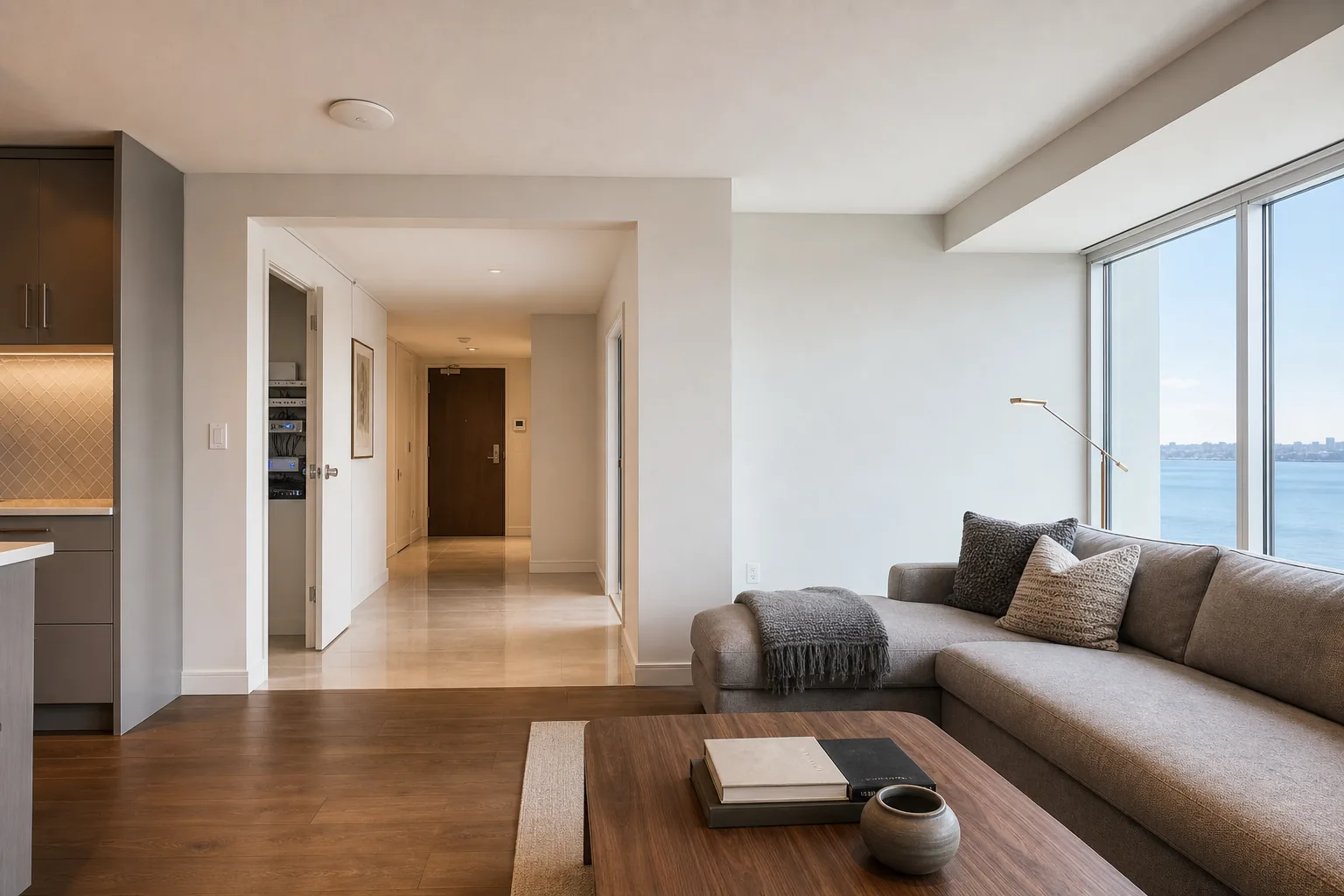 A Humber Bay Shores condo living room with a discreet ceiling-mounted UniFi access point near the kitchen entry and a clean rack visible in the utility closet beyond