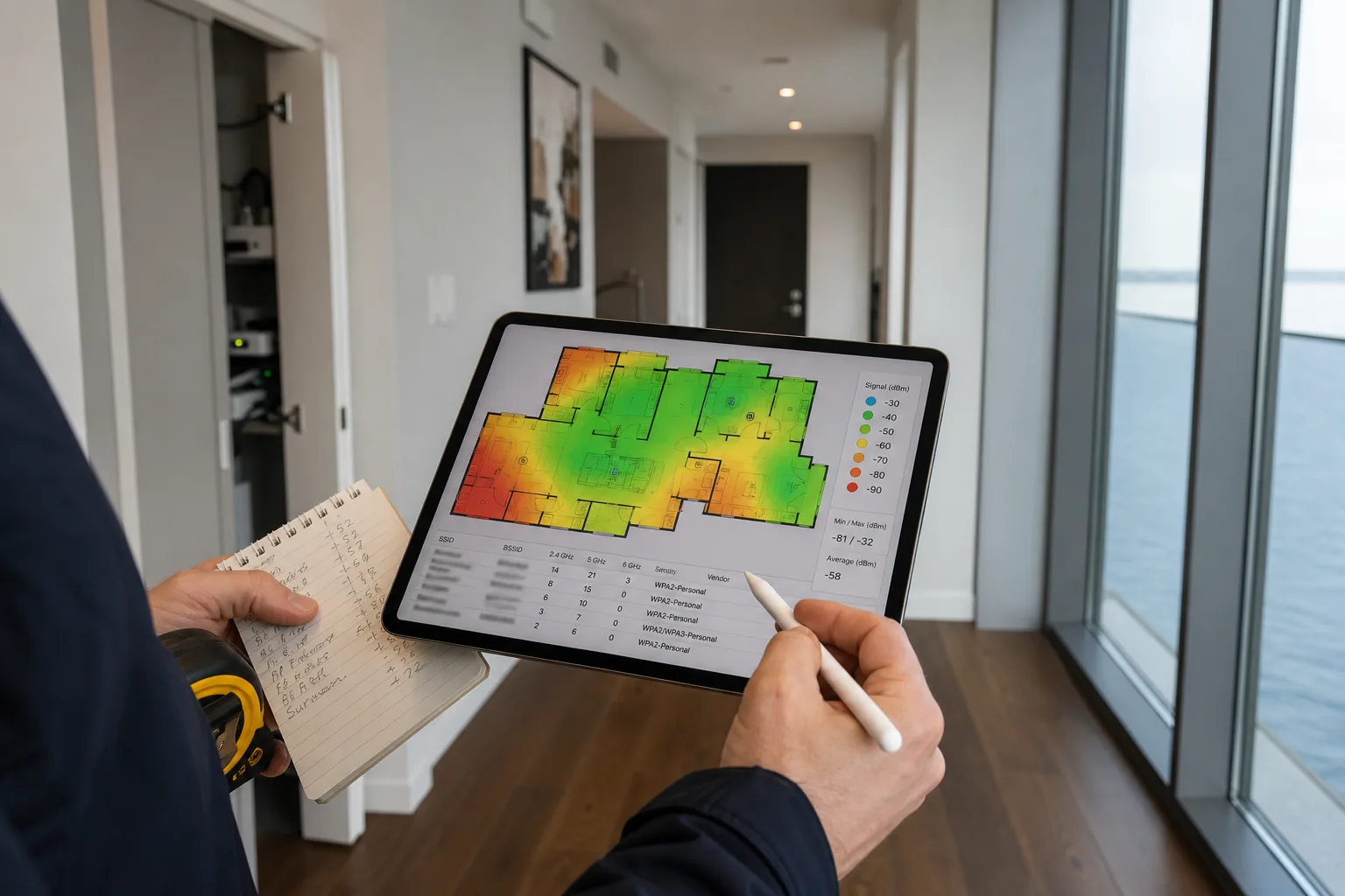 An Etobicoke installer in a Humber Bay Shores condo running a Wi-Fi site survey with a tablet displaying a coloured signal-strength heatmap of the unit
