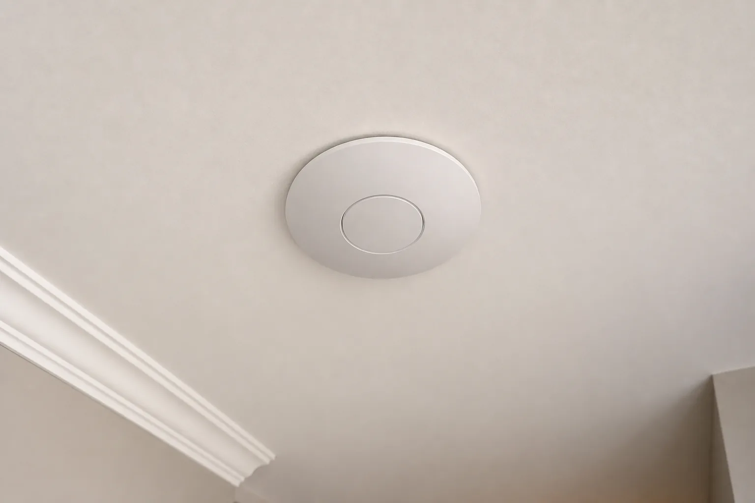 A flush-mount UniFi U7 Pro Wi-Fi access point installed on the central hallway ceiling of an Etobicoke home, clean drywall trim with no visible cabling