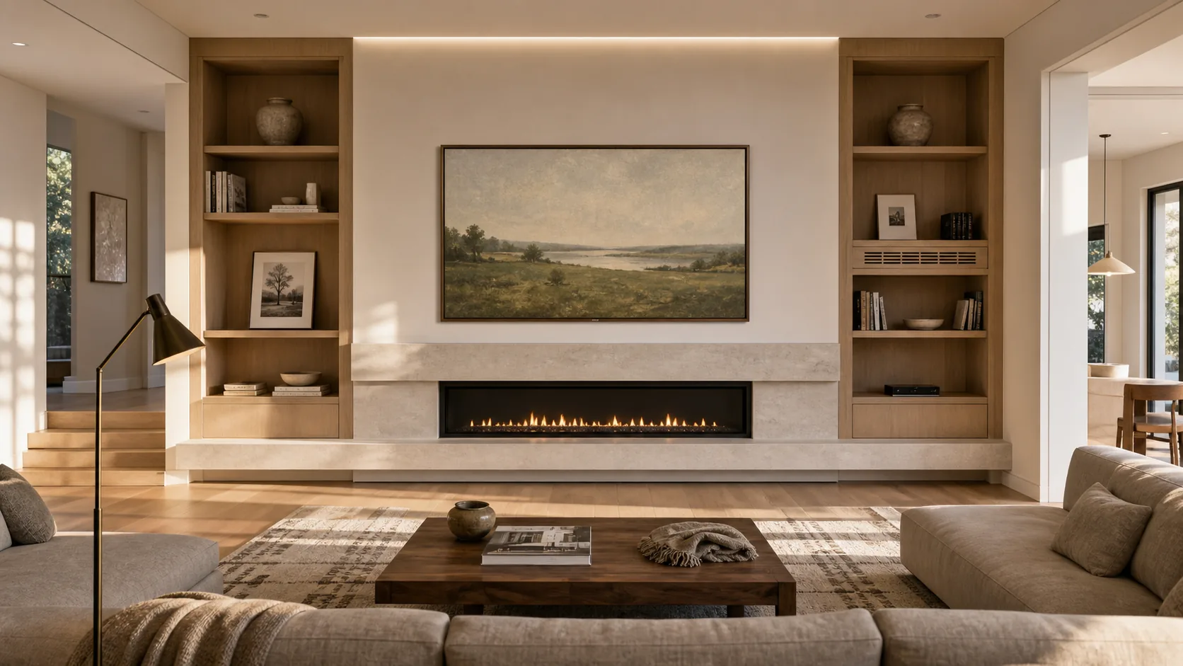 Finished Willowdale East custom infill family room with a 75-inch Samsung Frame TV flush-mounted above a limestone fireplace and a beveled walnut bezel, the screen showing a muted landscape painting in Art Mode, warm rift-cut white oak floor, sectional sofa in soft taupe wool