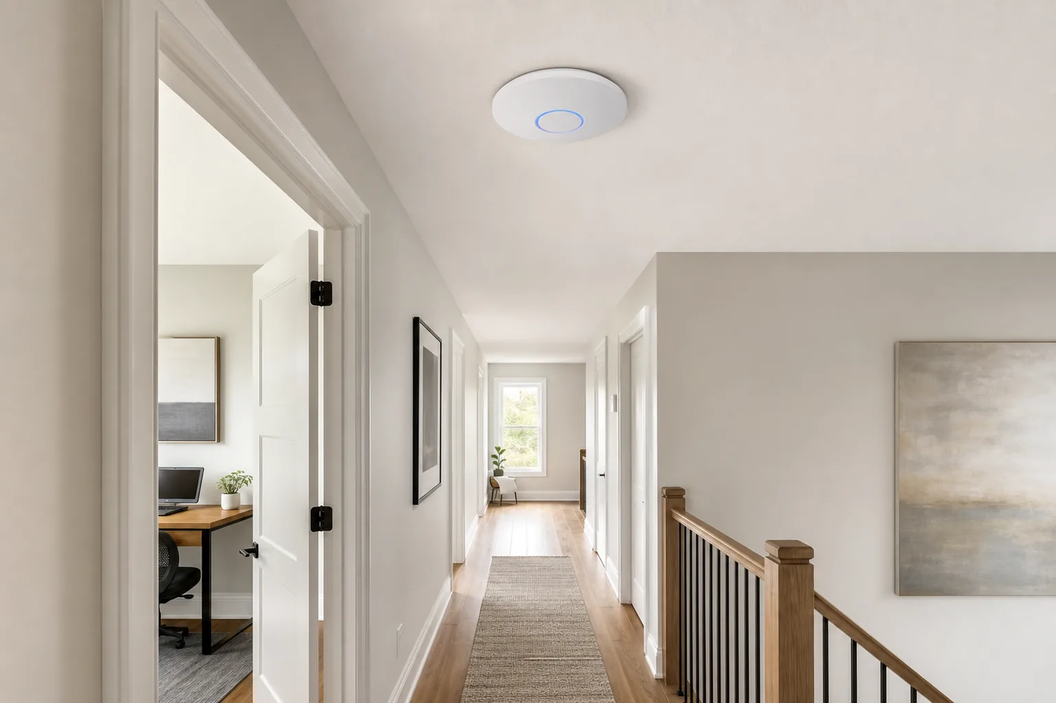 Low-profile wired access point mounted flush on a hallway ceiling in a GTA home, with warm daylight and no visible cables