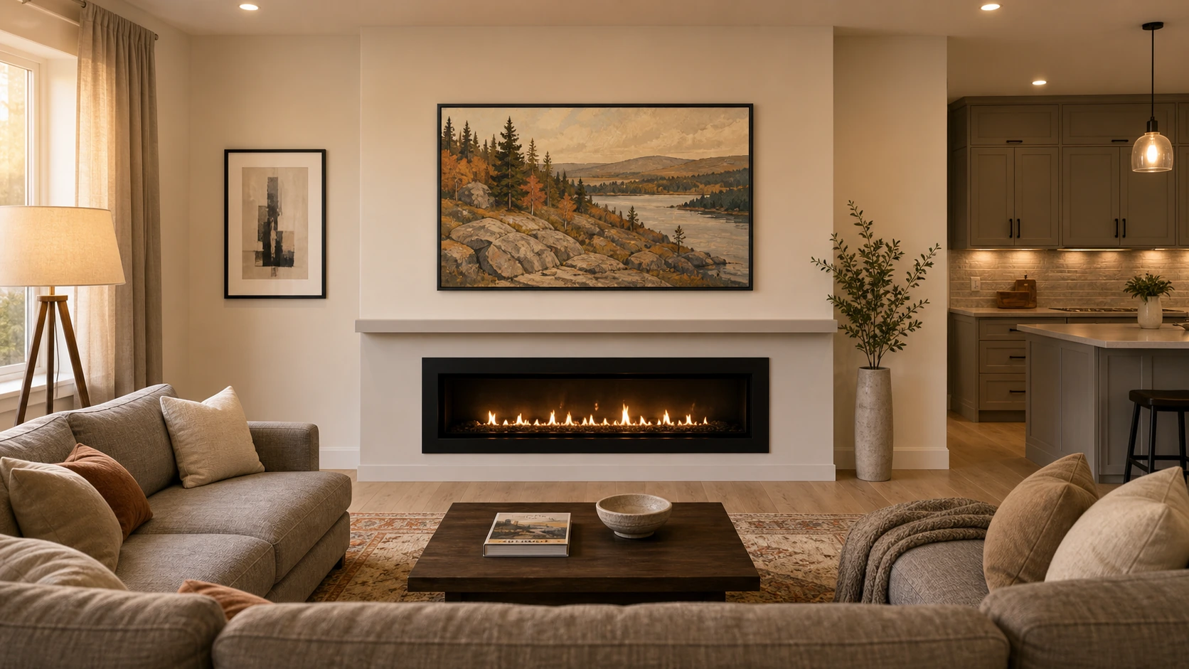 Woodbridge 2000s builder-detached family great room with a 65-inch Samsung Frame TV mounted flush above a modern direct-vent gas fireplace, Modern matte-black bezel, Art Mode displaying a soft Group-of-Seven-influenced autumn Algoma landscape, fresh warm-white drywall feature wall, warm engineered-oak floor, family-sized sectional sofa, conventional 9-foot ceiling