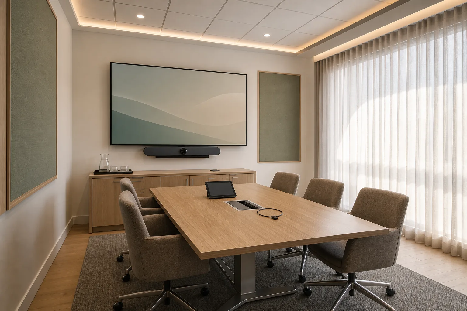 Yonge Street North medical specialty office partner meeting room in Richmond Hill with an 85-inch commercial display, an integrated videobar, six leather chairs around a light-walnut conference table, soft daytime light