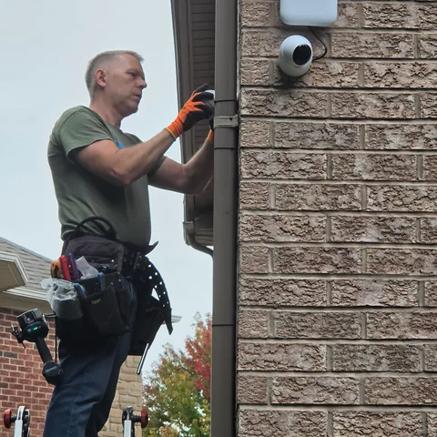 SetupTeam technician on a ladder installing an exterior security camera and outdoor wireless access point on a brick home exterior