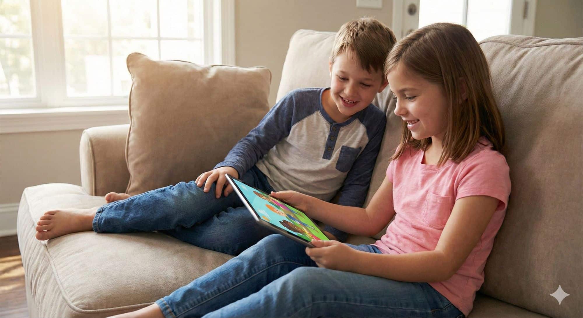Two children sitting on a sofa in a Richmond Hill living room sharing a tablet, using a stable home Wi-Fi connection from a professionally installed network.