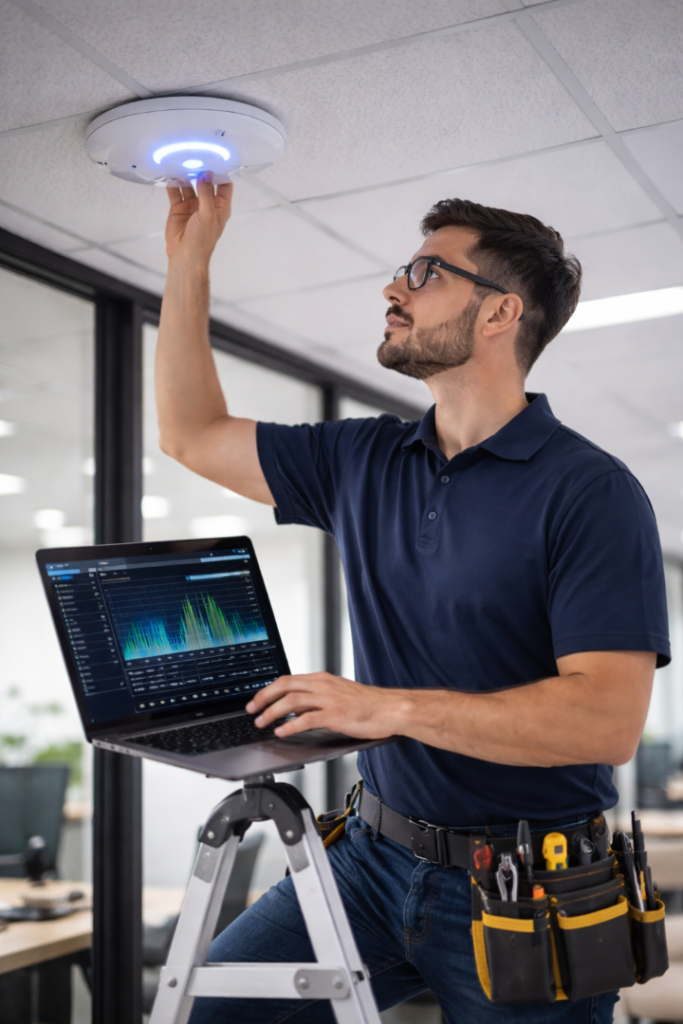 Technician testing Wi-Fi coverage