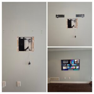 Collage showing Samsung Frame TV installation with a recessed low-voltage media box for hidden wiring