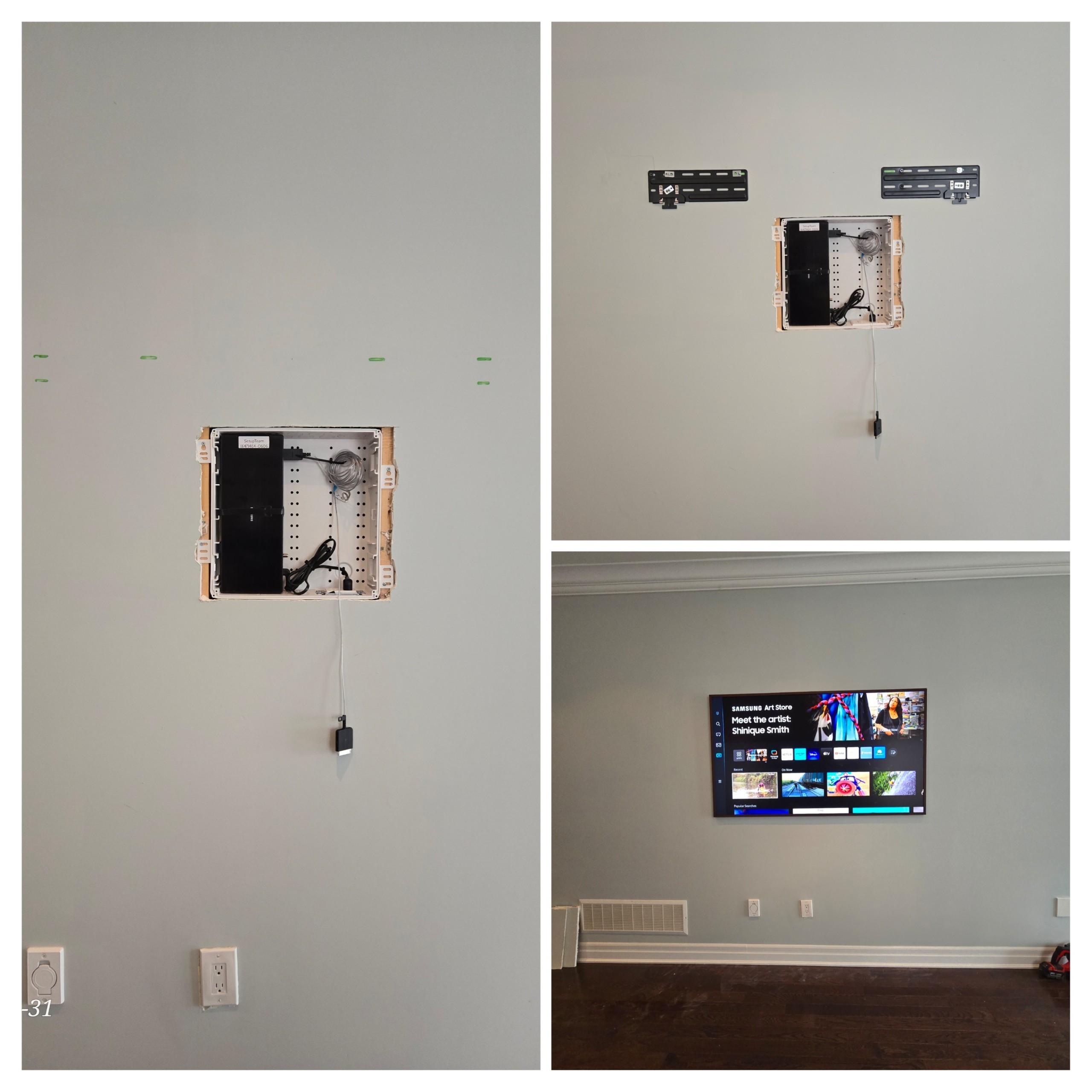 Samsung Frame TV One Connect box recessed into wall enclosure — three-stage installation process by SetupTeam GTA