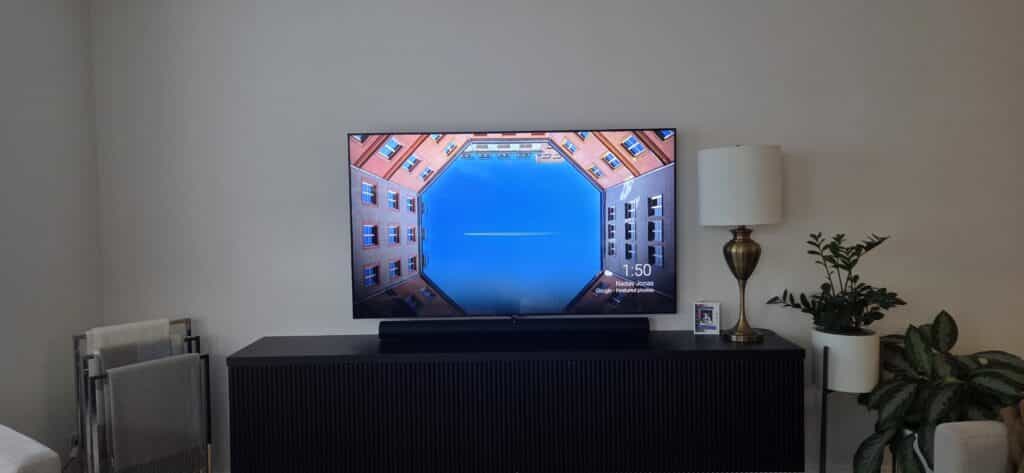 TV on console with decorative plants