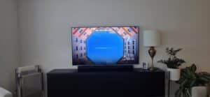 TV on console with decorative plants