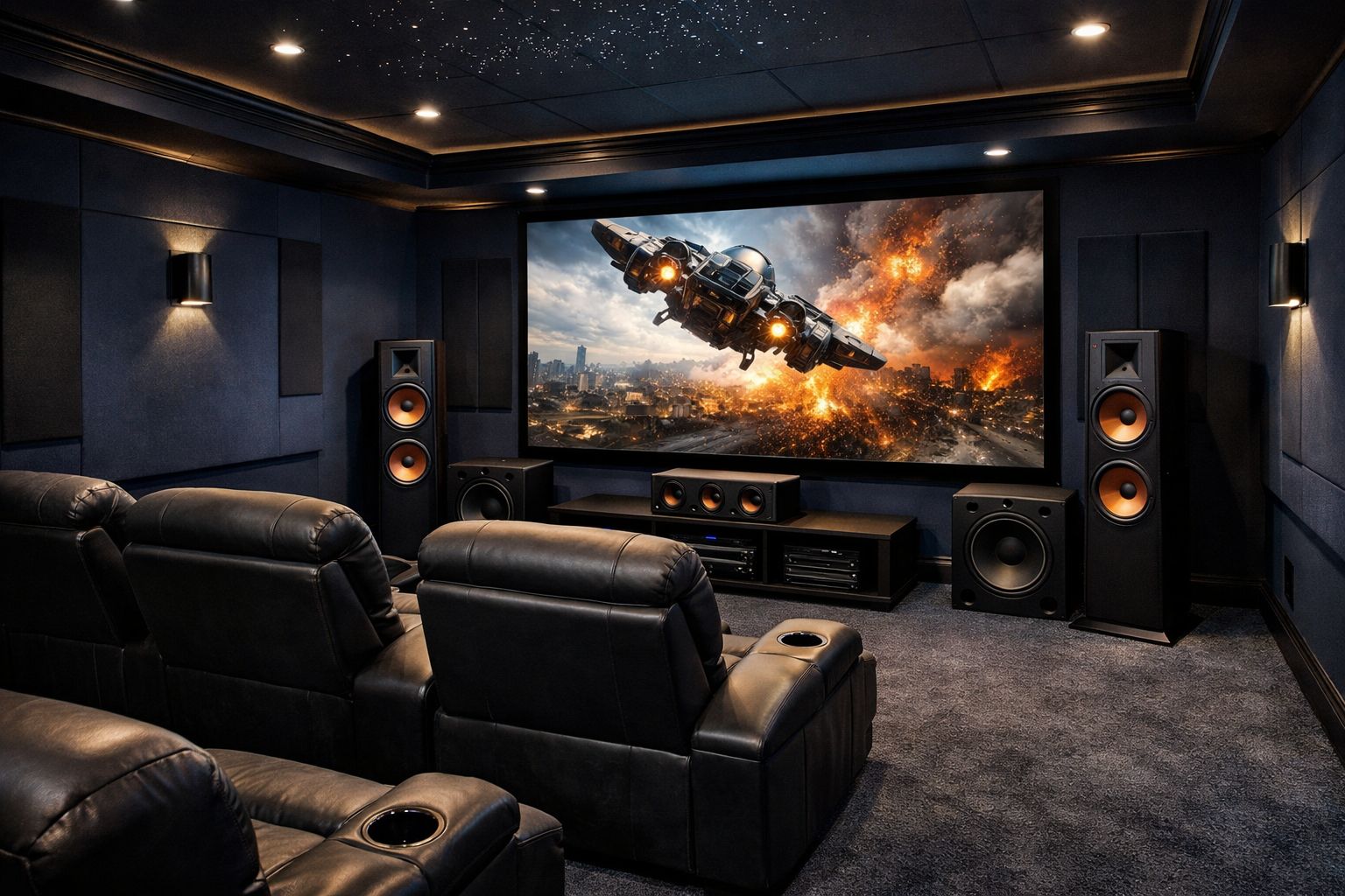 Dedicated home theater with Dolby Atmos in-ceiling speakers and 4K projection screen — SetupTeam Toronto