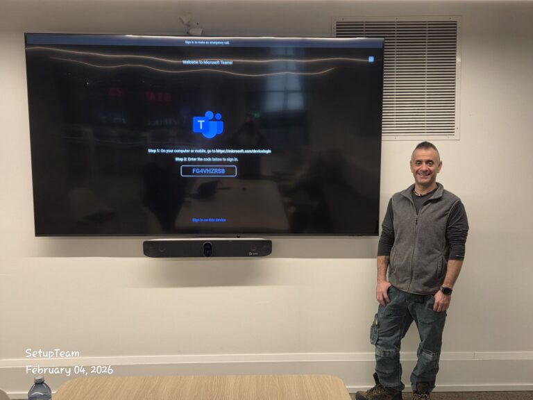 Video conference 100 inch TV mounted to the hole