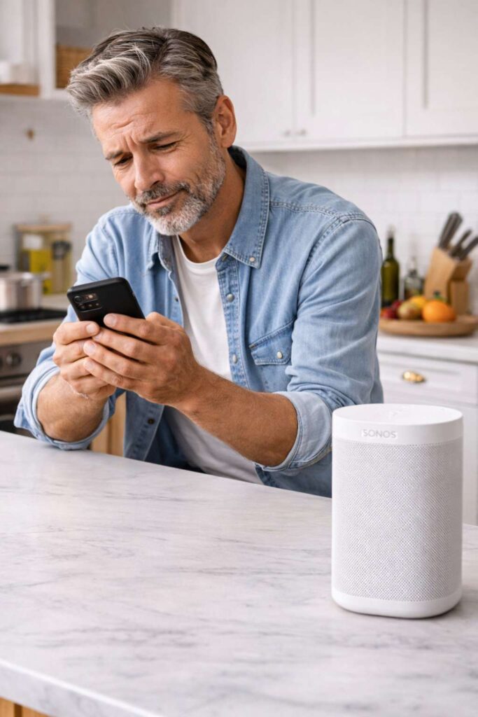 Homeowner using a phone beside a Sonos speaker on a kitchen counter