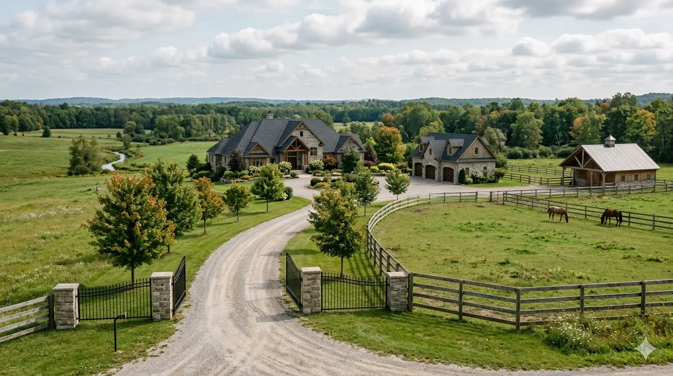 King City rural-residential property context with long driveway and estate scale