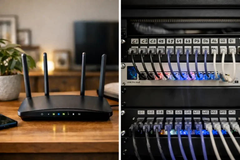 Home Wi-Fi router beside a professionally wired network rack with labeled Ethernet connections and a UniFi switch