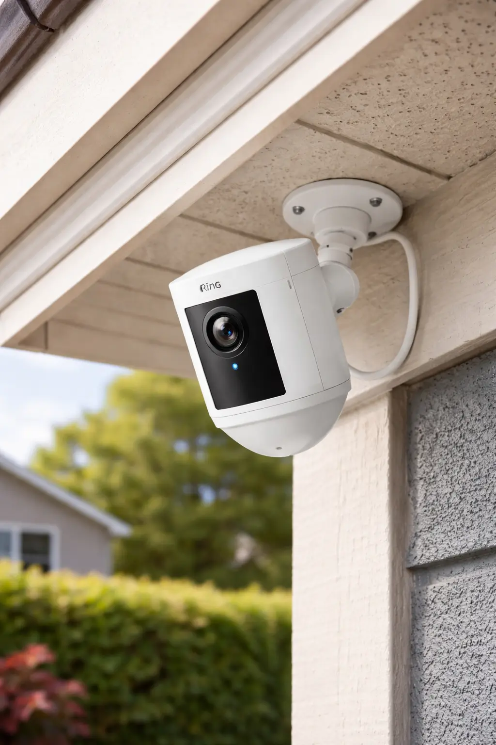 Ring consumer security camera mounted on a soffit at a residential GTA property — battery-powered wireless setup
