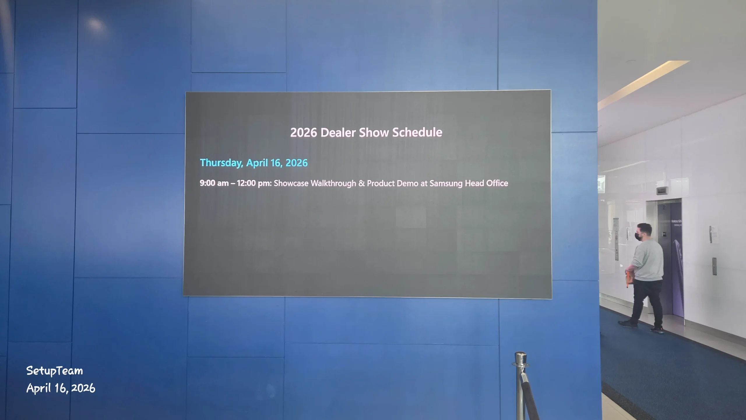 Samsung Canada dealer event schedule signage from April 16, 2026 in Mississauga