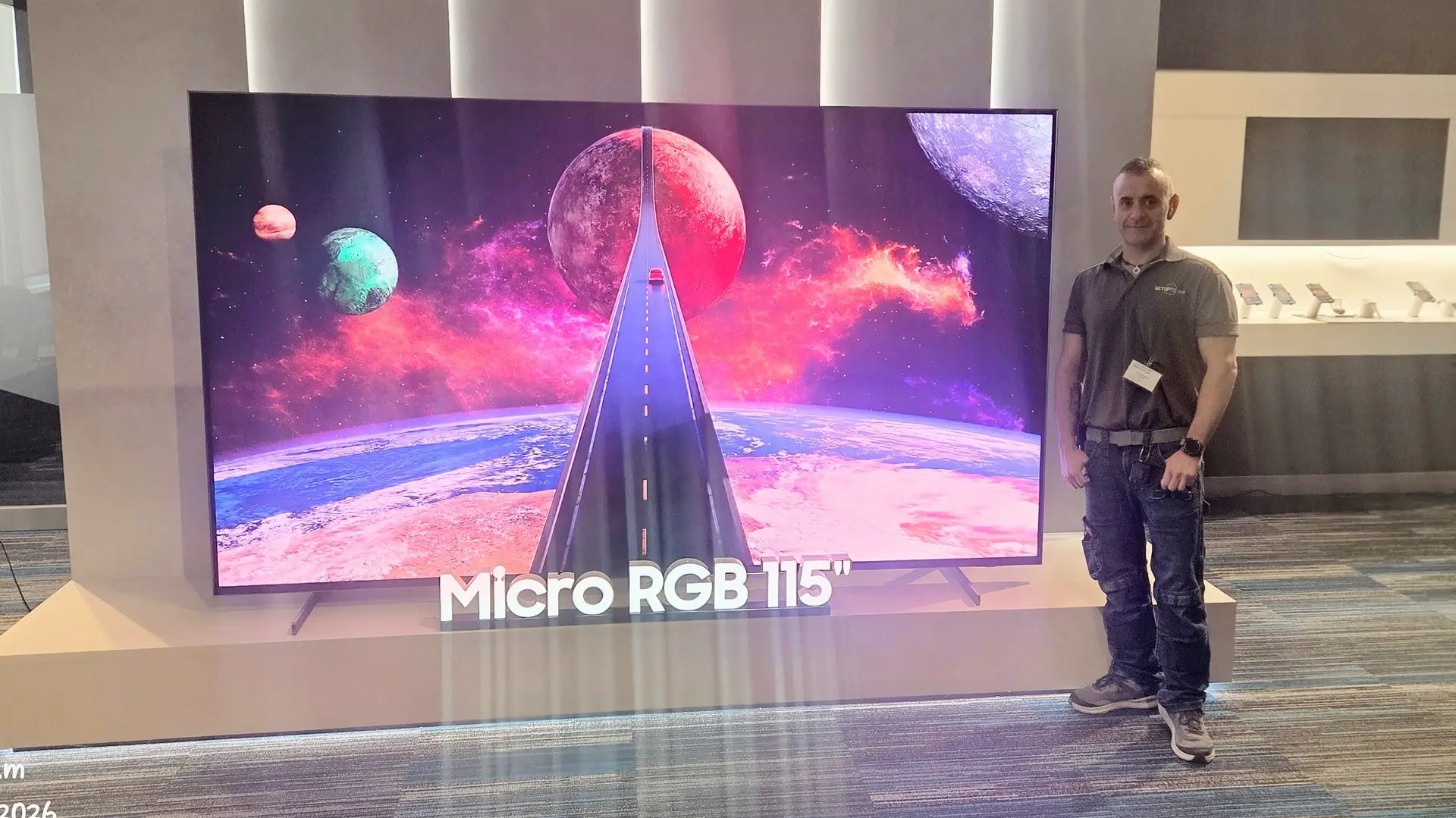 115-inch Samsung Micro RGB TV showing a vivid colour demo at the Mississauga dealer event