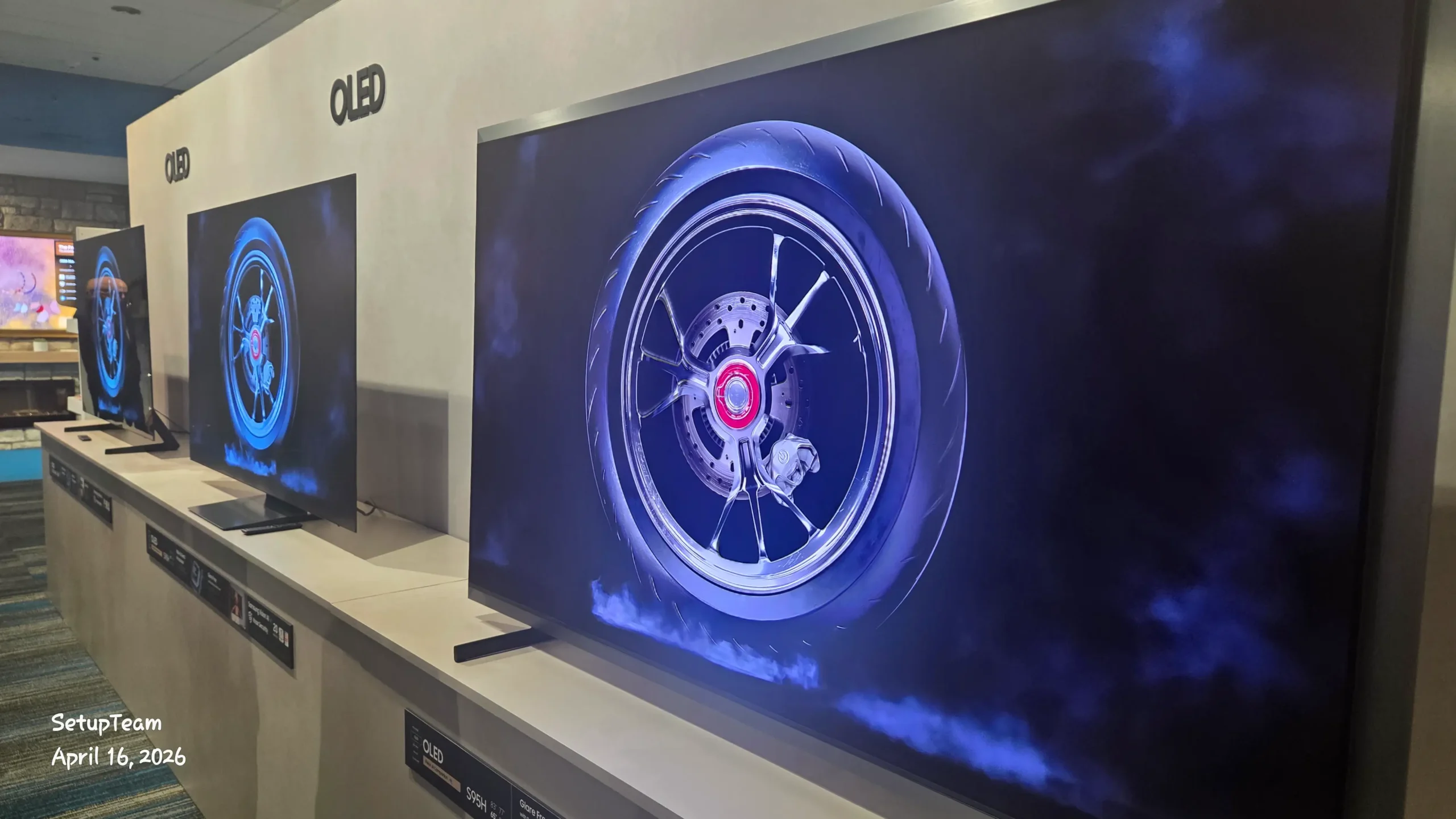 Samsung OLED TVs on display during a dealer event on April 16, 2026
